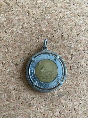 Vintage 500 Lira Bi-Metal Coin Pendant in Silver and Gold Tones